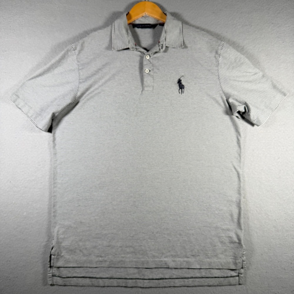 Polo Golf Ralph Lauren Mens Large Grey White Striped Pima Cotton Polo Shirt